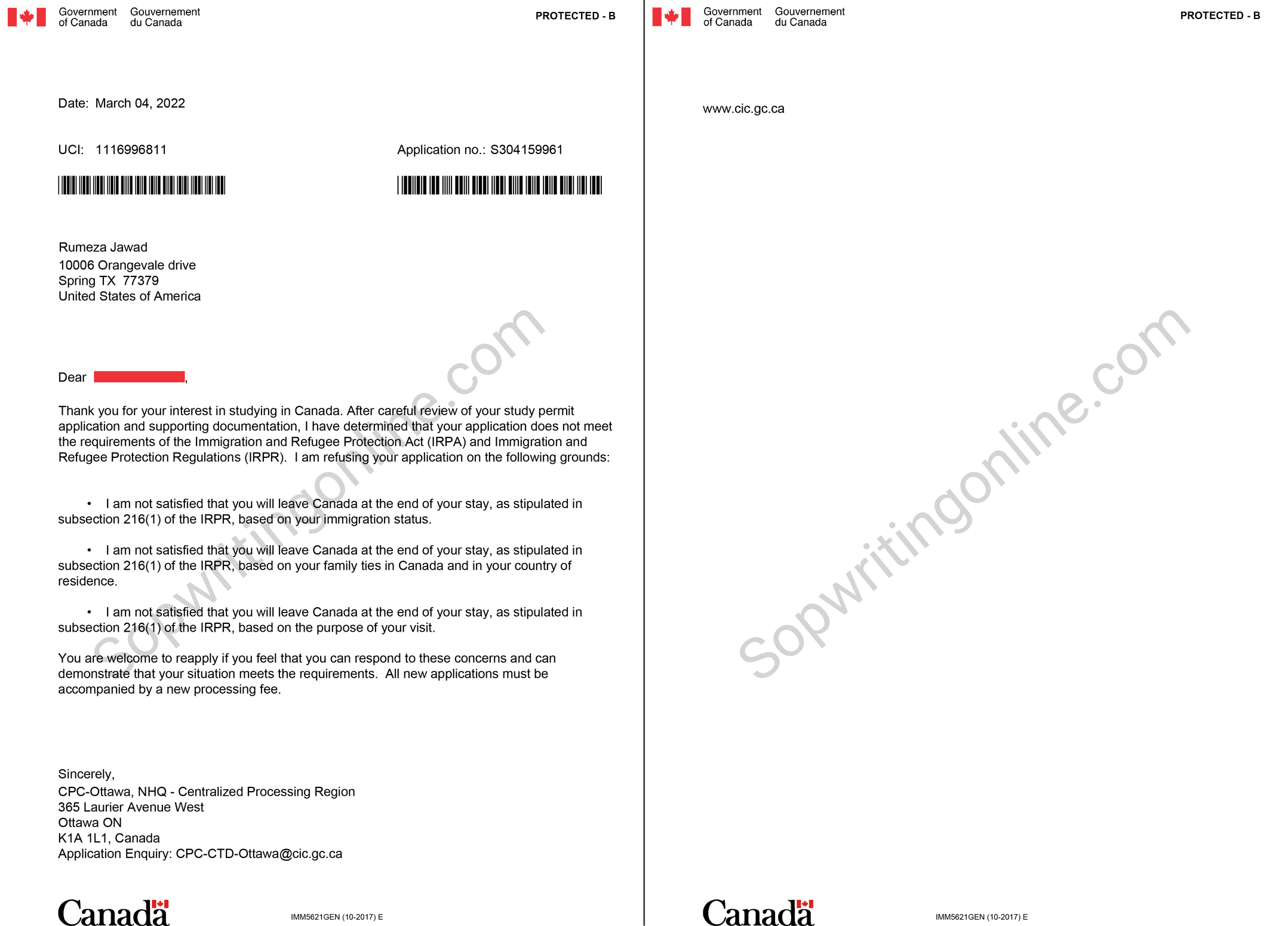 SOP for Canada student visa after refusal