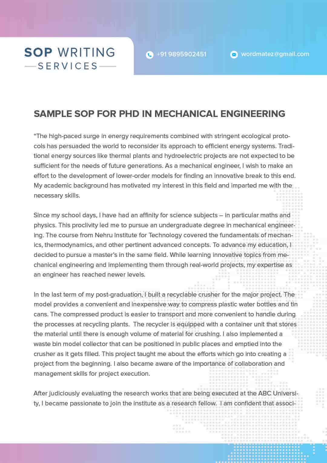 Sample sop for PhD in mechanical engineering